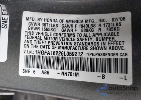 2006 Honda Civic Dx z USA, uszkodzony, nr VIN 1HGFA16226L059212